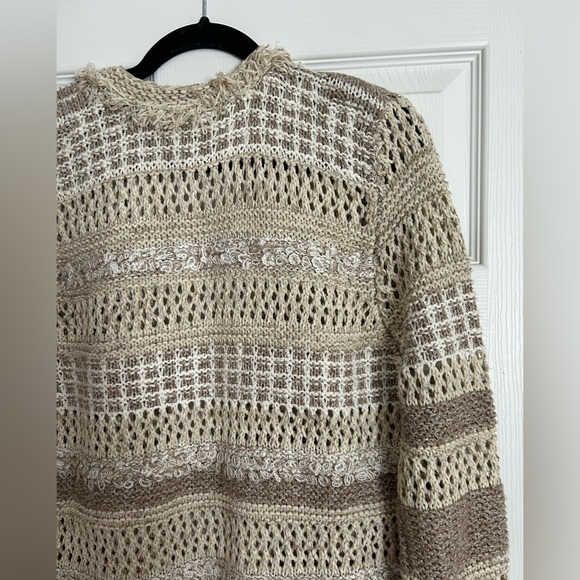 Monoreno Tan Beige Ivory Crochet Fringe Sweater Cardigan Jacket Women’s Large - Picture 11 of 12